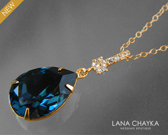 Mariage - Navy Blue Gold Crystal Necklace Dark Blue Teardrop CZ Necklace Swarovski Montana Rhinestone Necklace Wedding Bridal Blue Gold CZ Jewelry