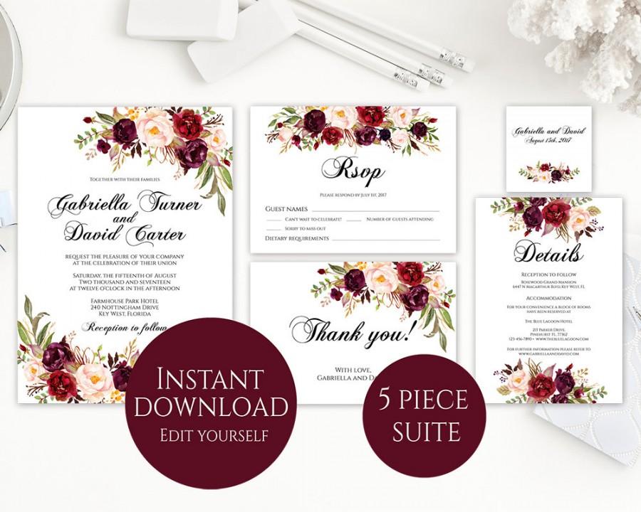 Wedding - Wedding Invitation Template, Invitation Suite Template, Marsala Wedding Invitation, Editable Wedding Invite, Instant Download, Printable