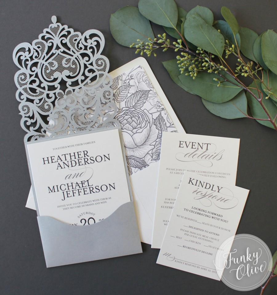 Wedding - Silver Laser Cut Wedding Invitation Jewel Response Details Card Vintage Botanical Envelope Liner DEPOSIT or SAMPLE Elegant Custom Colors