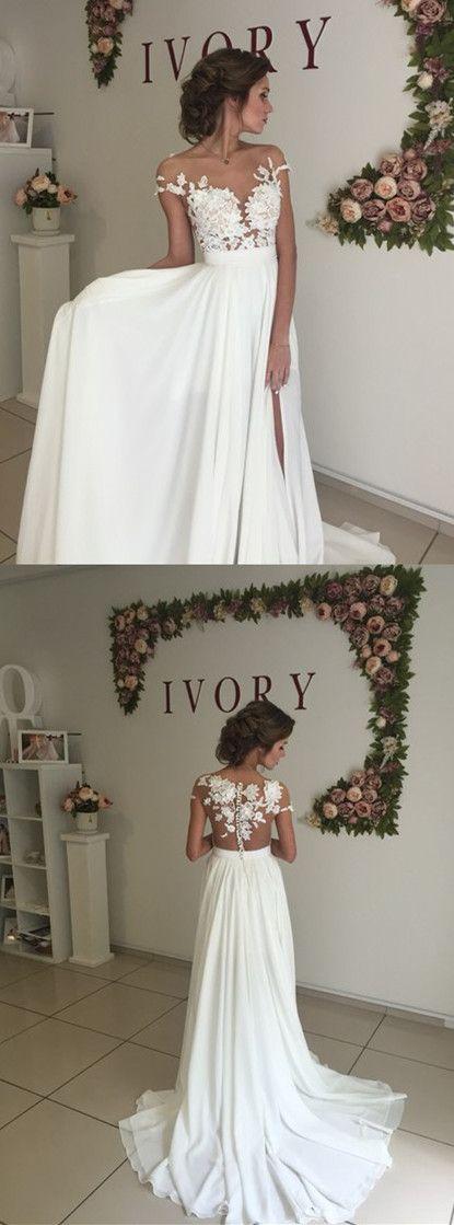 Свадьба - Elegant Illusion Bateau Sweep Train Wedding Dress With Appliques Split