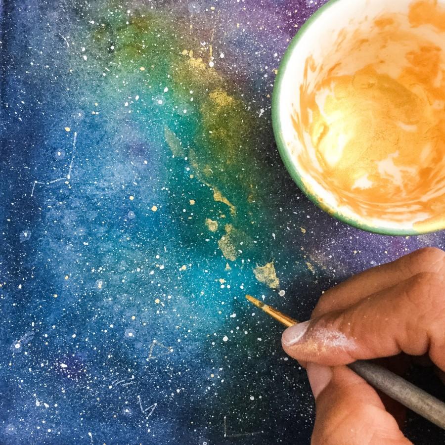 زفاف - Watercolor Print. Blue Sky and Gold Universe. Constellations. Stars on the sky.