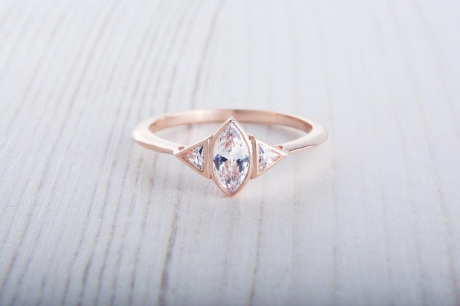 زفاف - 10K Rose gold ring with Marquise and Trillion cut Lab Diamonds - handmade engagement ring