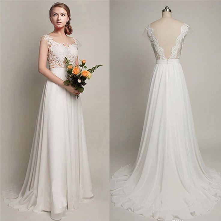 زفاف - Simple Long A-Line V-back Lace Wedding Dresses, Chiffon Wedding Party Dresses, WD0013