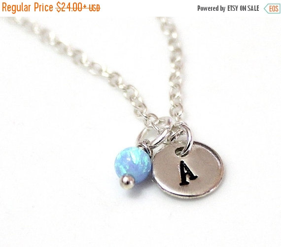 Wedding - Spring Sale Opal Initial Necklace, Sterling Silver Initial Necklace, Initial Charm, Blue Opal Charm Necklace, Sterling Silver Necklace, Char