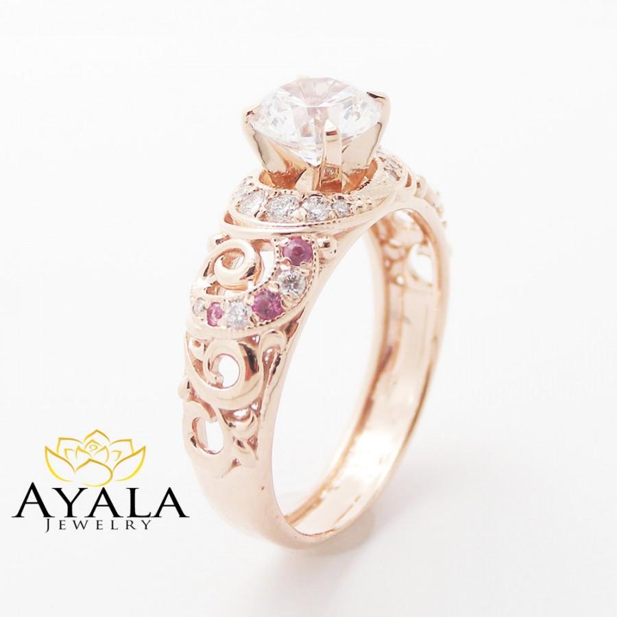 Свадьба - Moissanite Unique Engagement Ring 14K Rose Gold Engagement Ring Unique Moissanite Ring with Pink Sapphires