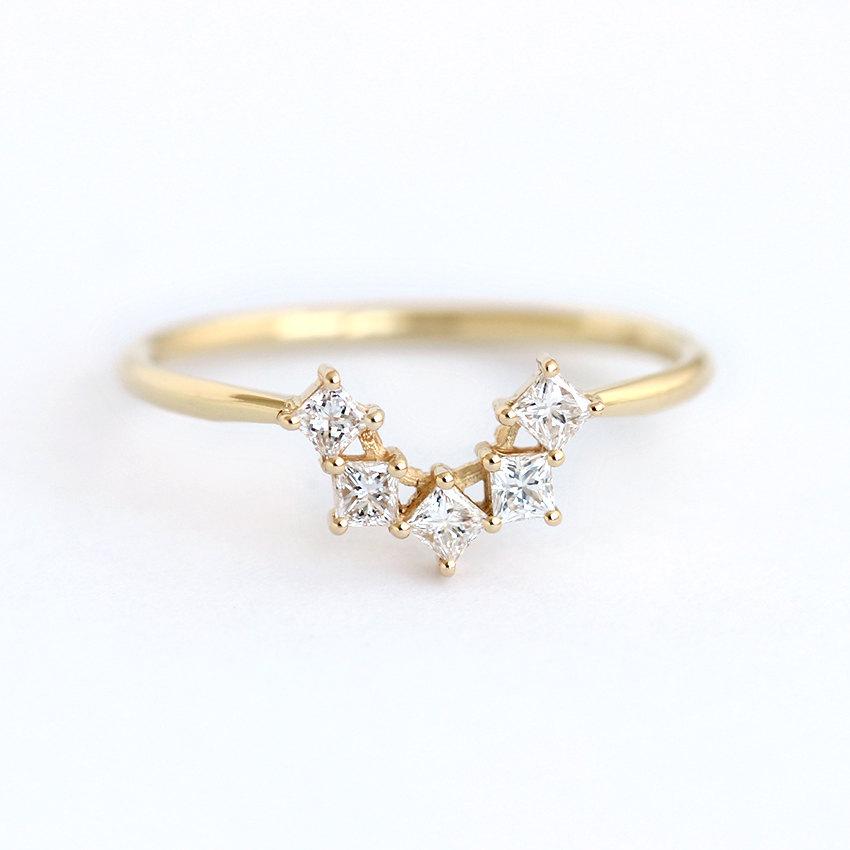 Wedding - Princess Diamond Ring, Nesting Wedding Band, Cluster Wedding Ring, Princess Cut Ring, Five Diamonds Ring, Diamond Crown Ring, Square Ring