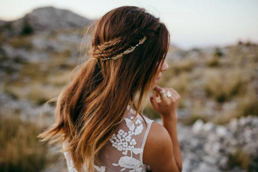 Hochzeit - Gold Bridal headpiece - Wedding Hair Vine - Back of Head Hair Accessory  - bohemian headpiece - Boho Wedding Dress