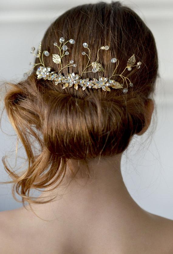 زفاف - Rhinestones floral comb hair back gold crystal hair comb bridal gold lieves hair vine back sparkling head piece wedding gold crystal sprigs