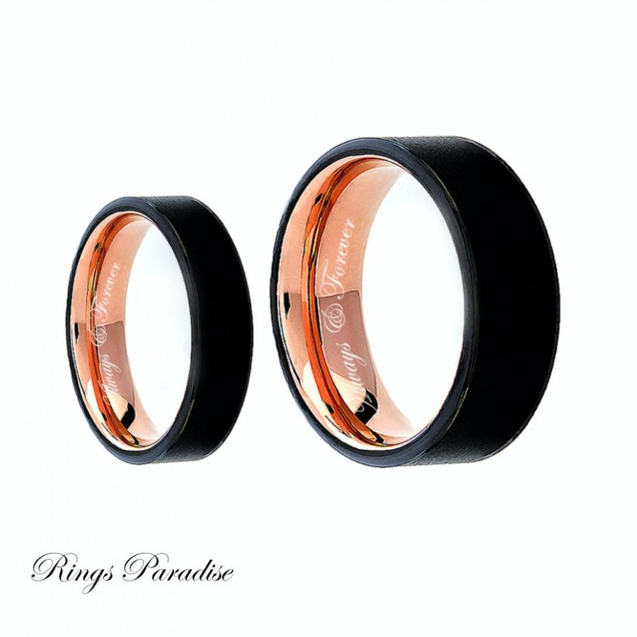 Hochzeit - Engagement Ring, Tungsten Carbide Ring, Couples Promise Ring, Engraved Tungsten Wedding Band, 6mm, 10mm Black Matching Tungsten Wedding Band