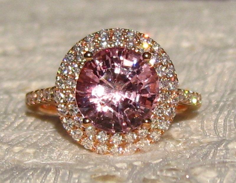 زفاف - 3 Carat Peachy Pink Spinel in Rose Gold Double Diamond Halo Engagement Ring, Rose Gold Engagement Ring