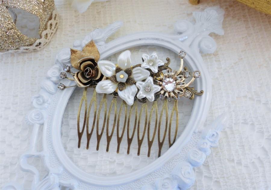 Wedding - Bridal Hair Comb, Ivory Pearl Comb, Rhinestone Hair Comb, Floral Hair Comb, Assemblage Hair Jewelry, Collage Hair Comb, Swarovski Crystal