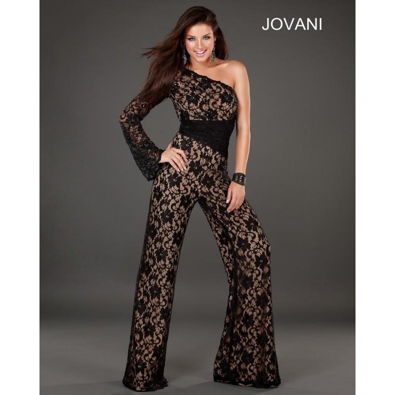 Mariage - Jovani Long Jumpsuit With One Sleeve And Sheer Lace Overlay 74278 - Cheap Discount Evening Gowns