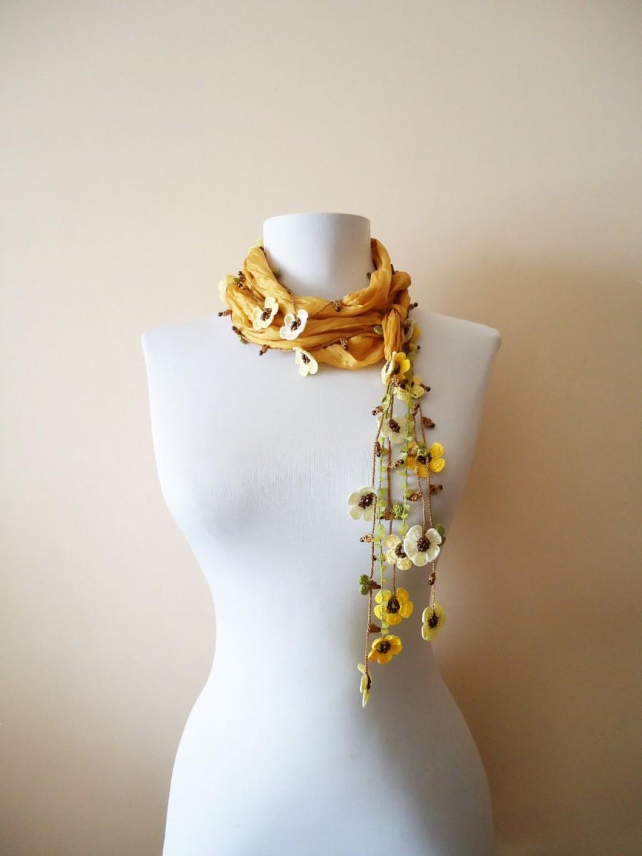 زفاف - Mustard yellow scarf, Crochet Necklace, Mustard silk scarf, Handmade floral silk scarf, Crochet floral silk scarf, Scarf necklace