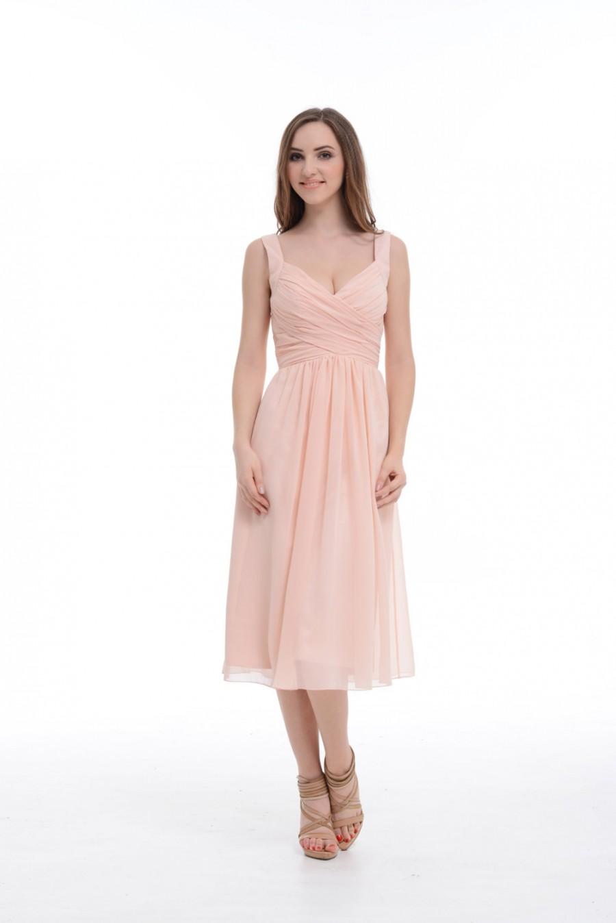 Свадьба - Pearl Pink A-Line/Princess V-neck Tea-Length Spaghetti Straps Chiffon Bridesmaid Dress/Homecoming Dress/Prom Dress With Ruffle