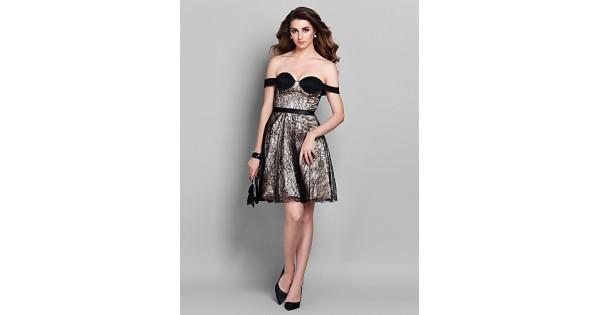 Mariage - Cocktail Party / Holiday / Prom Dress - Champagne Plus Sizes / Petite A-line Off-the-shoulder Short/Mini Lace / Stretch Satin