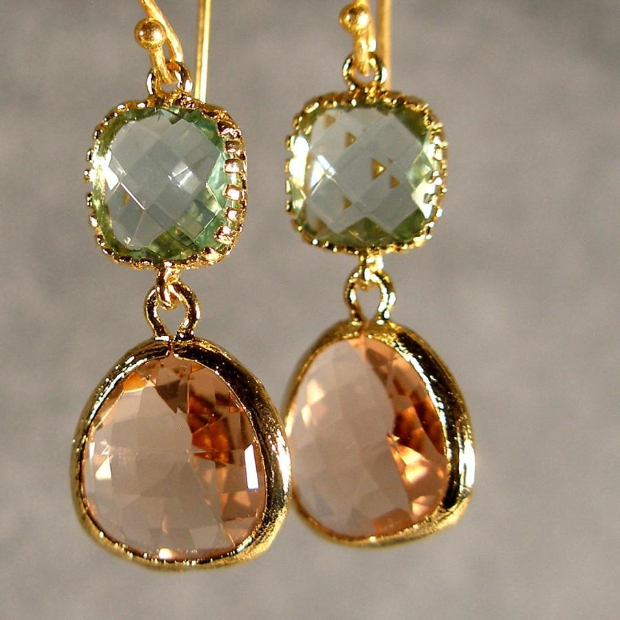 Hochzeit - Prasiolite and Light Peach Glass Gold Bridesmaid Earrings, Wedding Earrings, Bridesmaid Jewelry, Bridesmaid Gift, Bridal Party (403G)