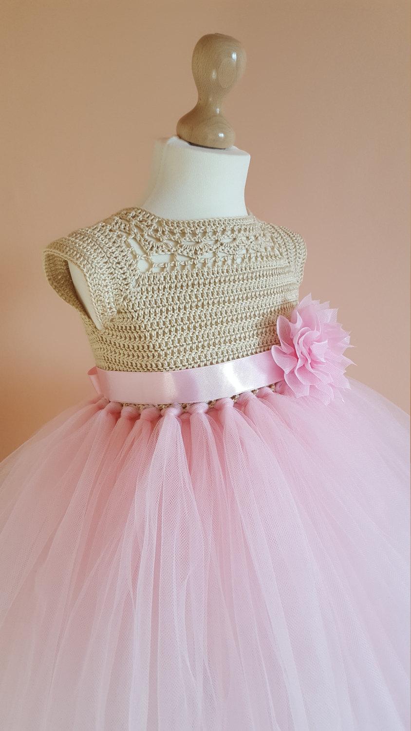 Wedding - tutu dress, crochet dress, crochet yoke, princess dress, bridesmaid dress,gold dress, baby dress, toddler dress, baptism dress, flower girl