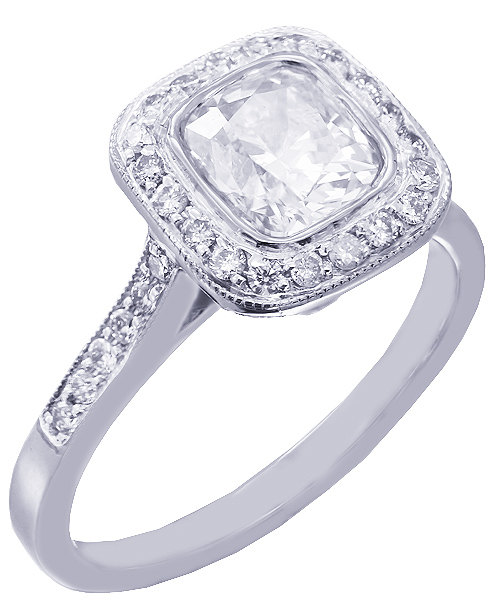 زفاف - 18k white gold cushion cut diamond engagement ring bezel set ar deco 1.60ctw