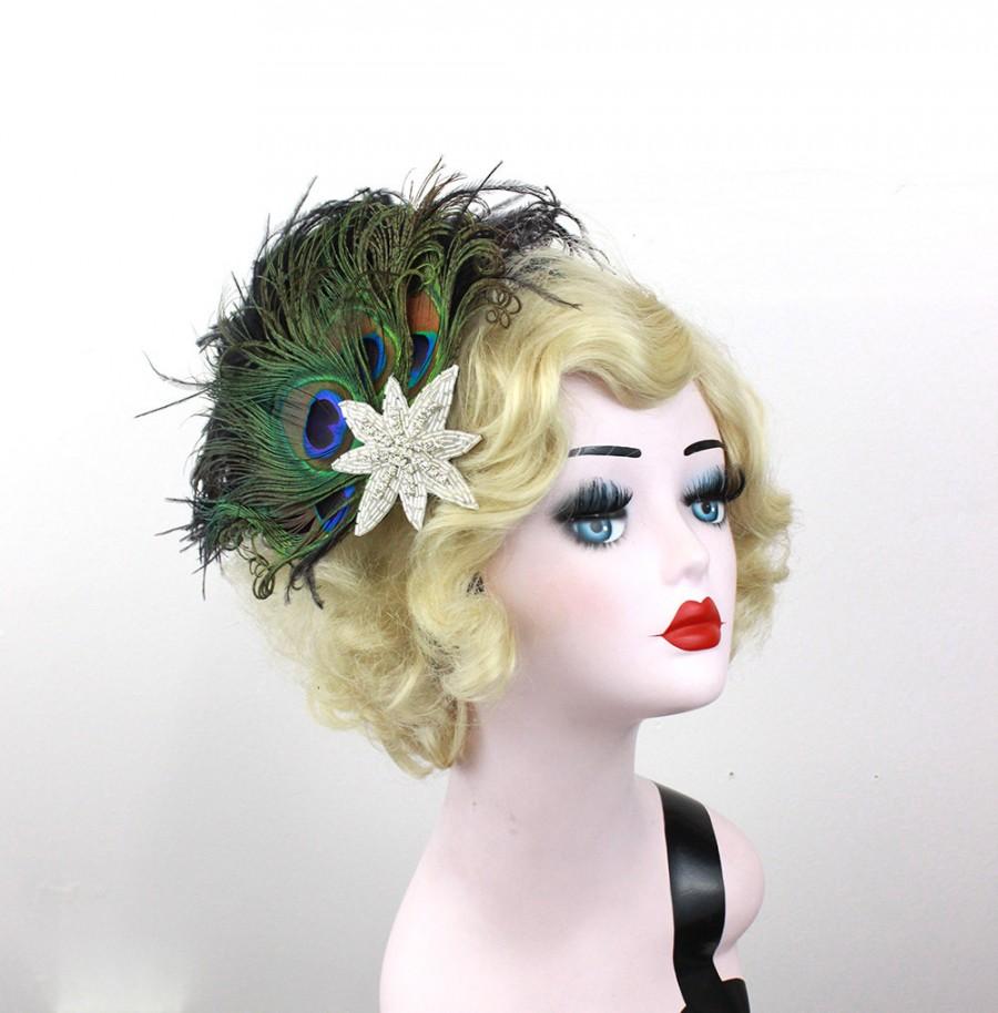 زفاف - Peacock Feather Fascinator, Hair Accessory, Star Hair Clip, Black Showgirl Headdress, Burlesque Headpiece, Moulin Rouge, Great Gatsby