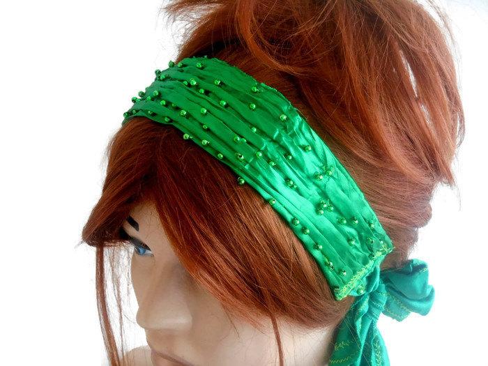 Hochzeit - Green Headband, Festival Hair Band, Handmade Headband, Head Cover, Green Hair Band, Hair Accessory, Women's Fashion, Satin Hair Band