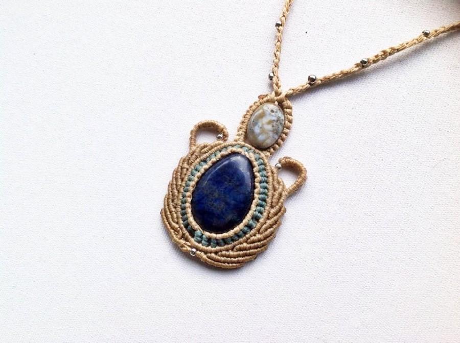 زفاف - handmade gemstone macrame necklace, lapis lazuli macrame necklace, boho style tribal necklace, blue stone hippie necklace, free shipping