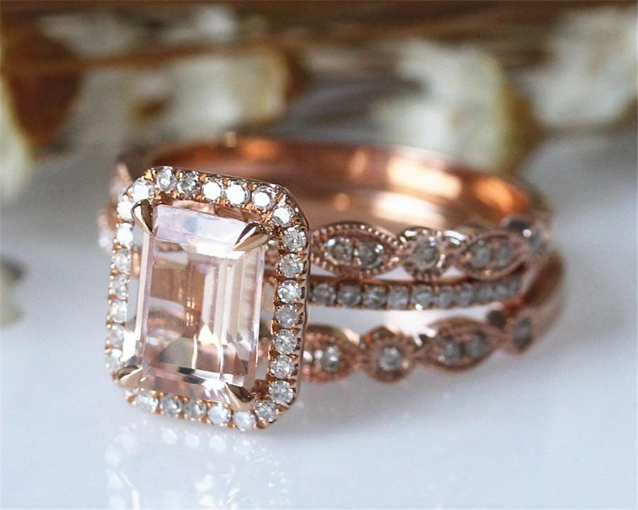 Wedding - 3 Pieces! 6x8mm Emerald Cut VS Real Morganite Ring Set Solid 14K Rose Gold Morganite Engagement Ring Set, Half Eternity Wedding Ring 015MO