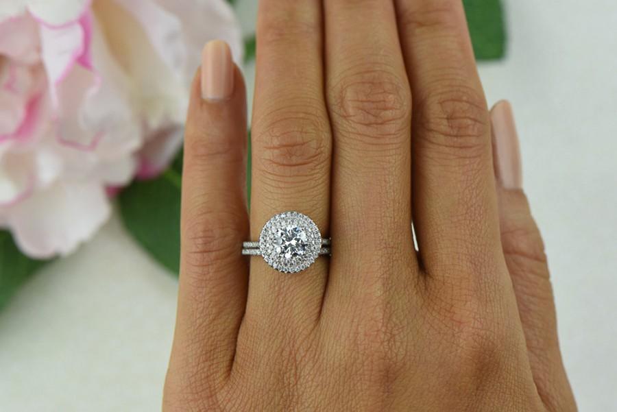 زفاف - 1.5 ctw Round Double Halo Ring, Wedding Set, Engagement Ring, 1 Carat Center, Man Made Diamond Simulants, Bridal Set, Sterling Silver