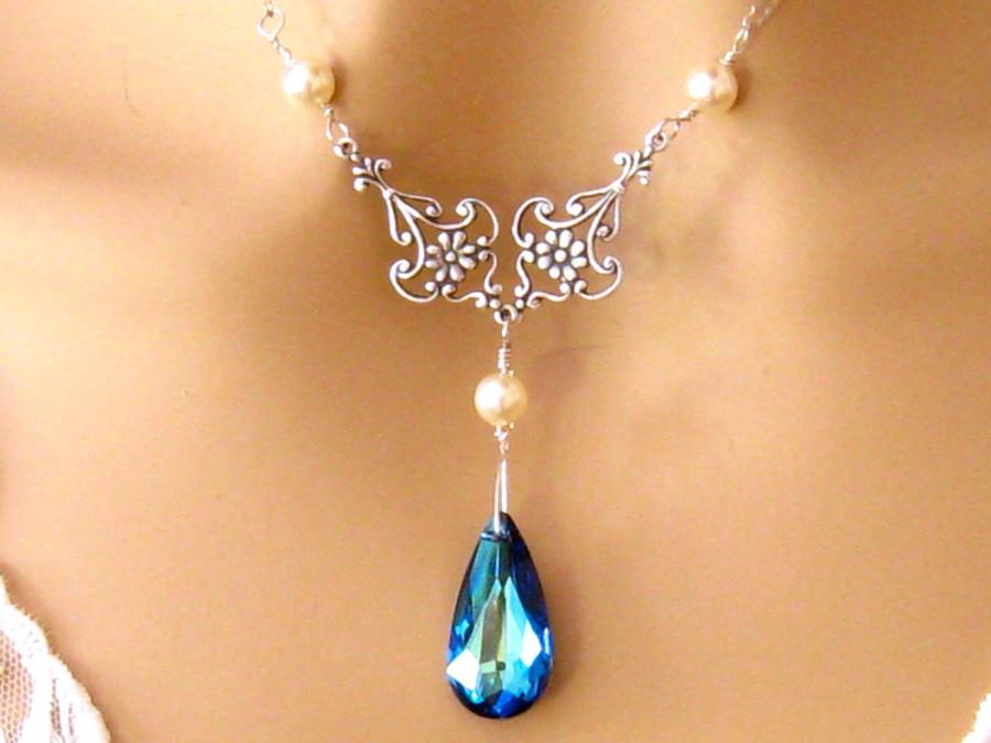 Wedding - Peacock Blue Necklace Swarovski Blue Crystal Necklace Ocean Blue Pendant Necklace Bridesmaid Gift Victorian Jewelry Blue Teardrop Crystal