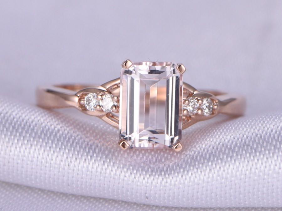 Wedding - Morganite Engagement ring,5x7mm Emerald cut pink morganite ring,rose gold morganite engagement ring,diamond accent,delicate ring,14k