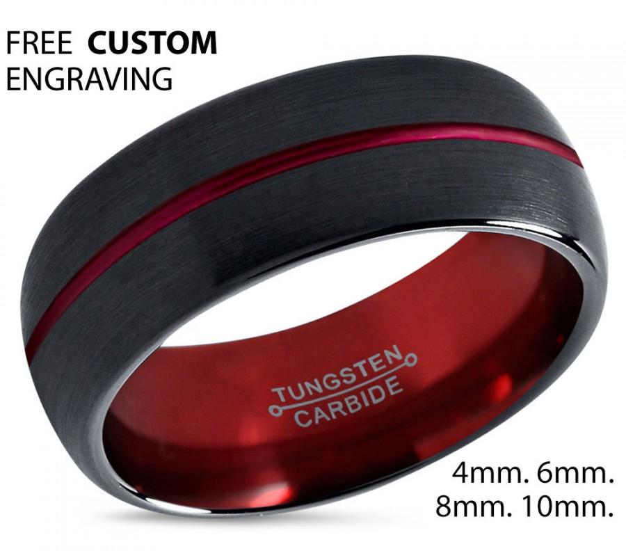 Wedding - Tungsten Ring Mens Black Red Wedding Band Tungsten Ring Tungsten Carbide 8mm Brushed Man Wedding Male Women Anniversary Matching