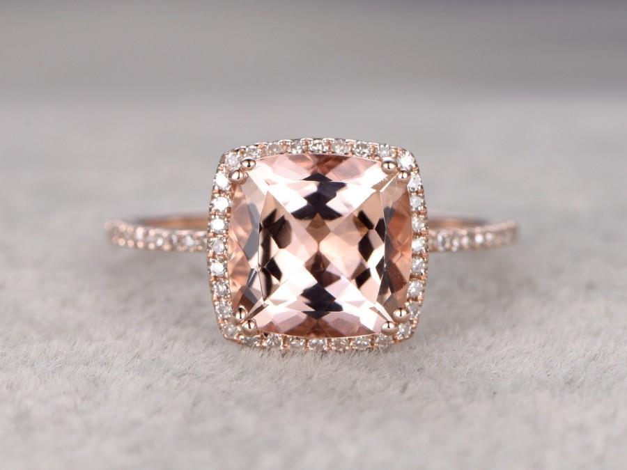 زفاف - 9mm Morganite Engagement ring Rose gold,Diamond wedding band,14k,Cushion Cut,Gemstone Promise Bridal Ring,8 ball Prongs,Pave Set,Handmade