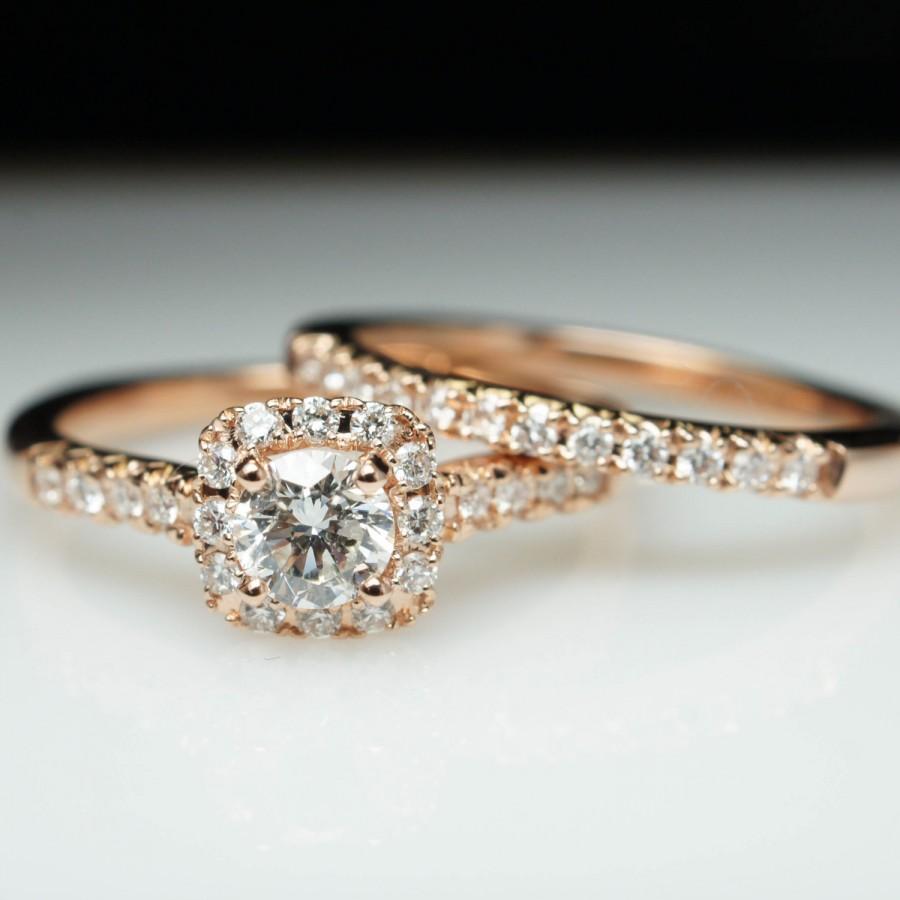 Свадьба - Rose Gold Engagement Ring & Matching Wedding Band Solitaire Diamond Halo Bridal Set Natural Diamond Custom Made Jewelry Round Diamond