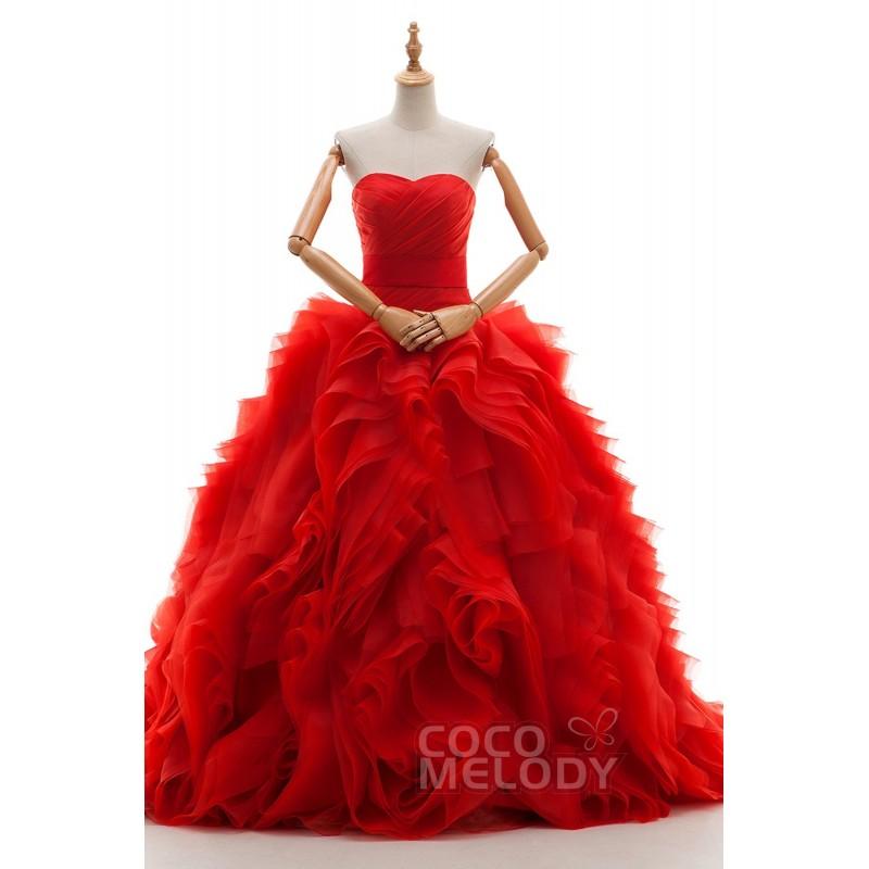 Mariage - Perfect Ball Gown Sweetheart  Chapel Train Organza Fiery Red Sleeveless Lace Up-Corset Wedding Dress Pleating Ribbons - Top Designer Wedding Online-Shop