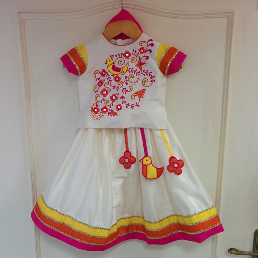 Свадьба - Long sleeve colorful indian lehenga flower girl dress, embroidery, handmade tassels, gold & bright color accents, indian wedding, festival