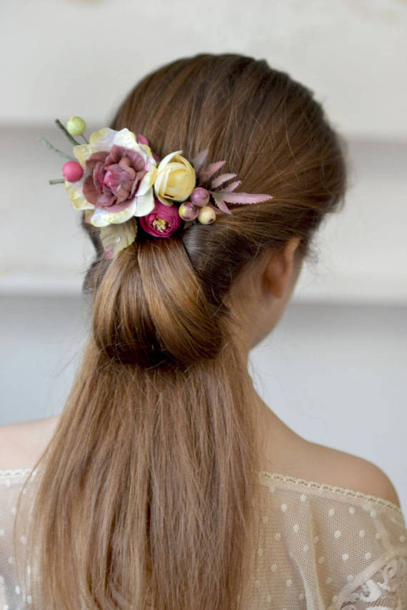 Mariage - Flower comb ivory purple floral head piece woodland hair back bridal flowers hair Wedding comb flower berries head bridesmaid floral comb
