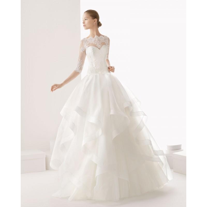 Hochzeit - Elegant A-line Half Sleeve Cascading Ruffles Lace Sweep/Brush Train Tulle Wedding Dresses - Dressesular.com
