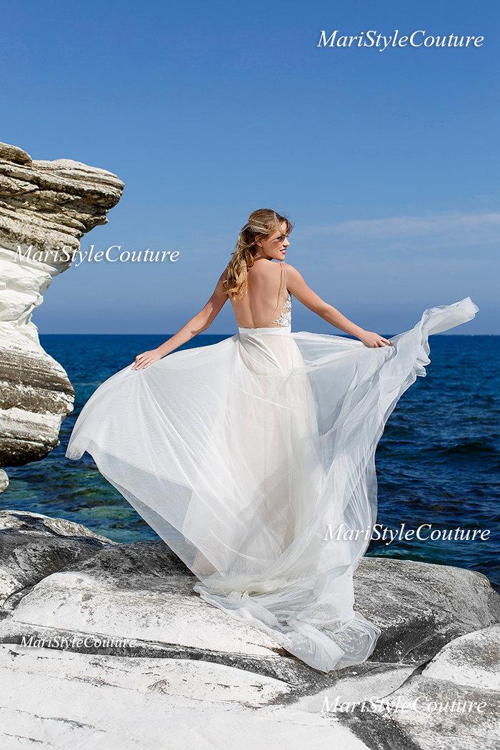 زفاف - Open back Bohemian Wedding gown from Tulle, lace with crystals ,Nude Wedding Dress, Sexy Wedding Dress