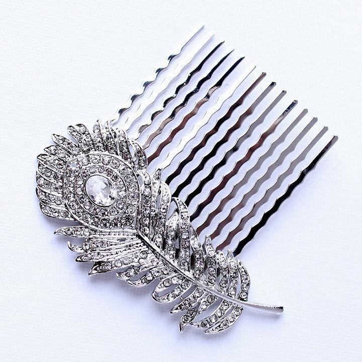 Hochzeit - Crystal Feather Hair Comb Rhinestone Silver Comb Wedding Bridal Bridesmaid Feather Hair Comb Jewelry Hair Accessory Combs