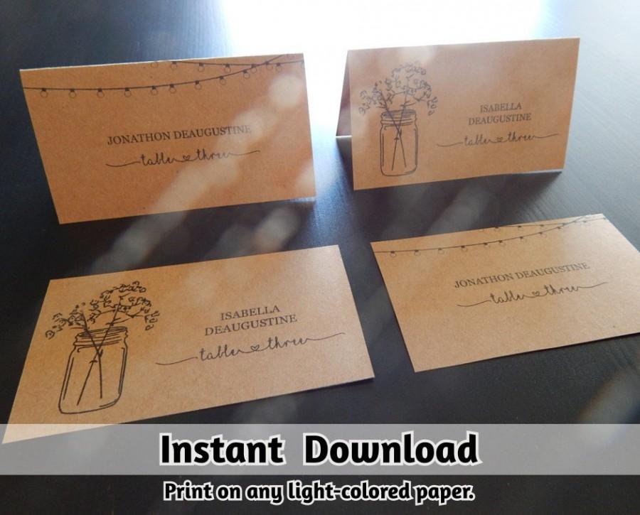 Mariage - Wedding Place Card Printable - Placecard Template - Rustic Mason Jar & Fairy Lights 