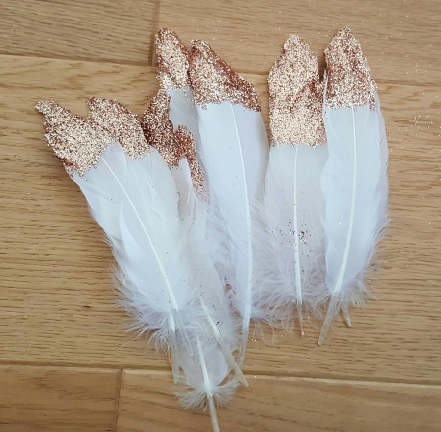 Wedding - Rose Gold Glitter Dipped Feathers