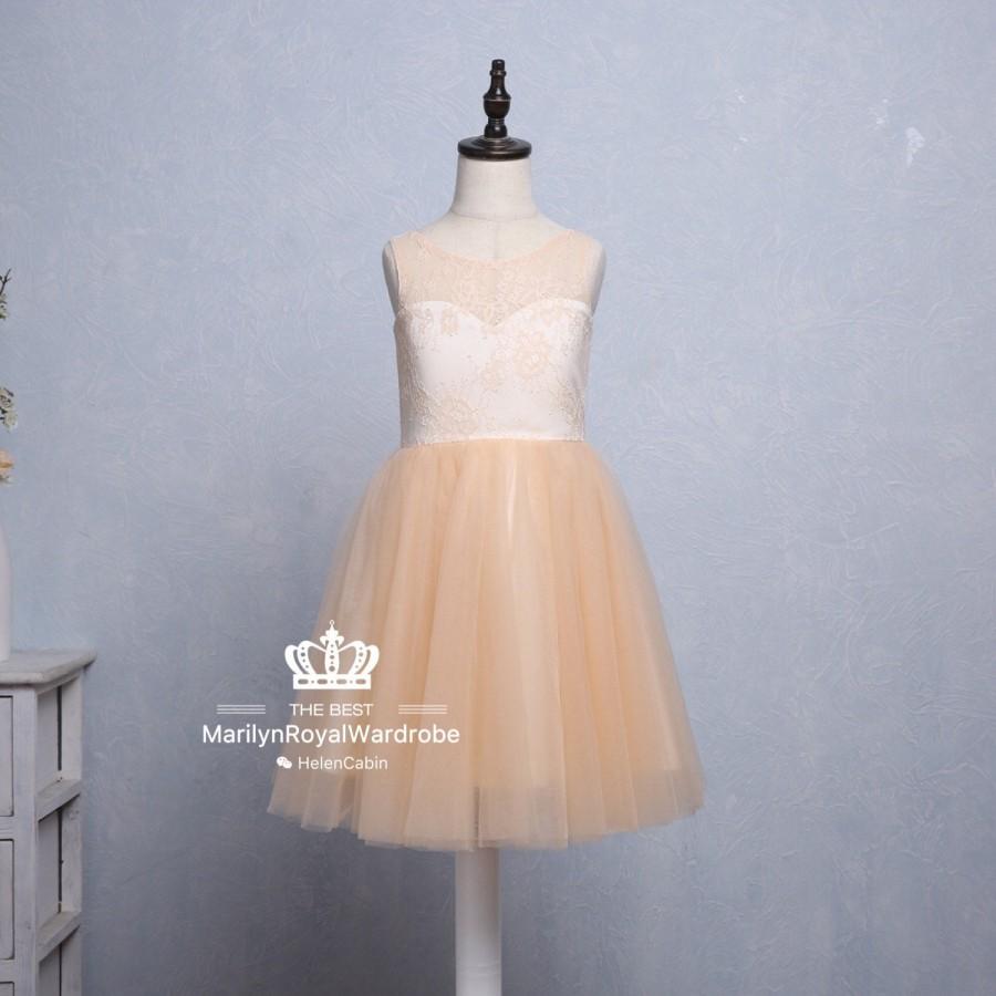Hochzeit - Champagne Lace Flower Girl Birthday Wedding  Junior Bridesmaid Graduation Formal Party Dress Knee Length