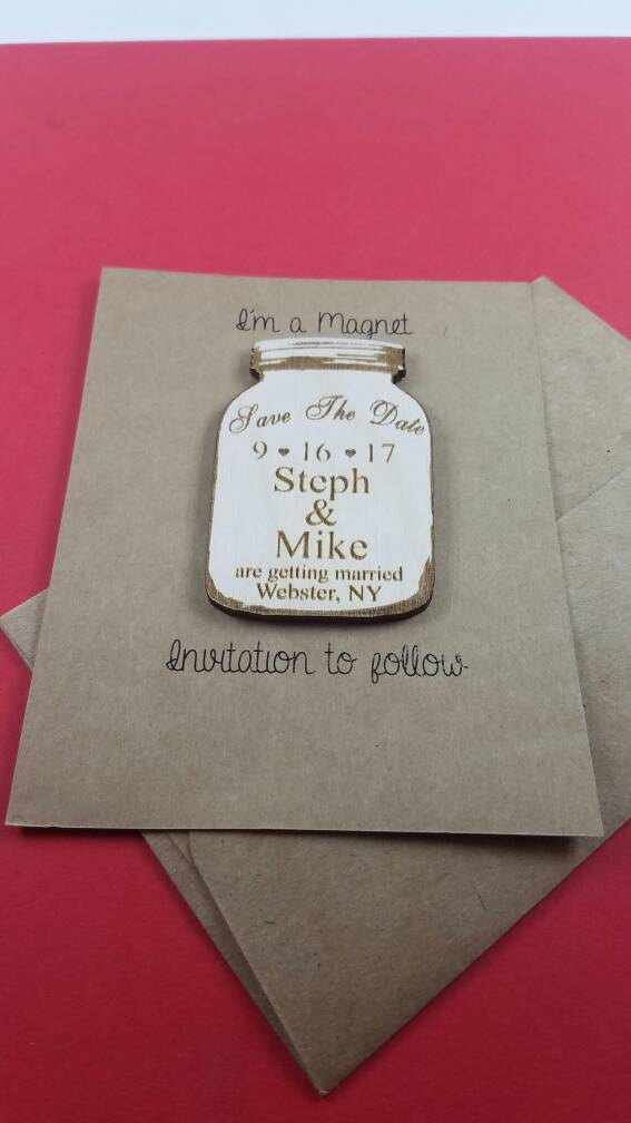 Wedding - Mason jar save the date magnet, rustic wedding, wooden refrigirator magnet, wedding gift, fancy personalized save-the-date, custom magnet