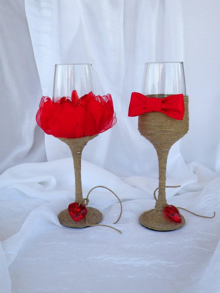Hochzeit - Rustic wedding glasses, Personalized wedding glasses, burlap wedding, Mr and Mrs glasses, bride and groom, red wedding glasses, glasses