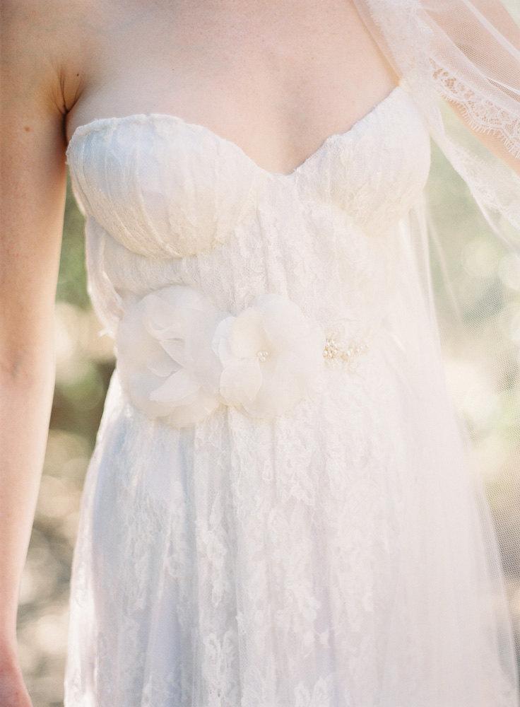 زفاف - Bridal Sash, Floral, Pearls, Silk Flower, Lace - Style 205