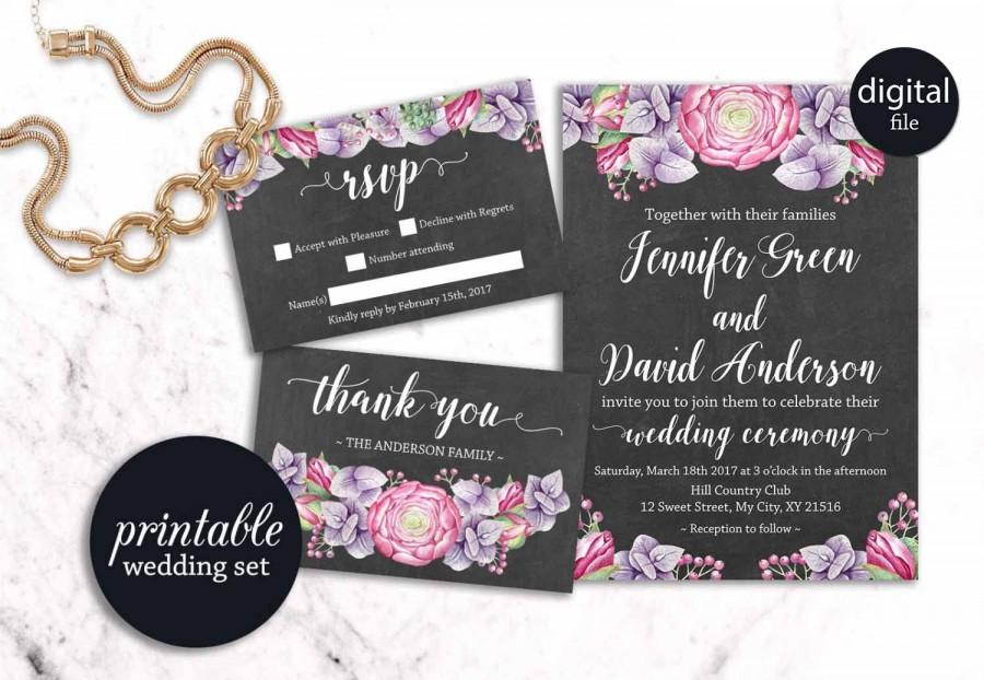Hochzeit - Printable Wedding Invitation, Floral Wedding Invitation Boho, Grey Pink Purple Wedding Invitation, Watercolor Rustic Wedding Invitation Set
