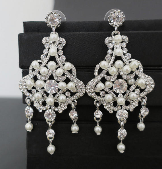 Hochzeit - Chandelier Wedding Earrings Bridal Earrings Statement Bridal Earrings Art Deco Wedding Jewelry Pearl Crystal Earrings Great Gatsby Vintage