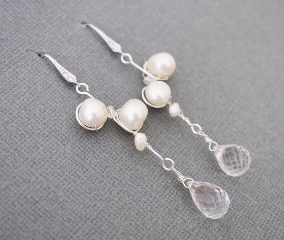 Свадьба - Bridal Drop Earrings Freshwater Pearl Crystal Wedding Earrings Chandelier Sterling Silver Delicate Wedding Jewelry for Brides Bridesmaids
