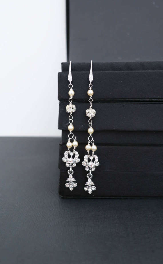 زفاف - Long Wedding Earrings Bridal Earrings Chandelier Sterling Silver Cubic Zirconia Ivory Pearl Crystal Earrings Vintage Style Bridal Jewelry