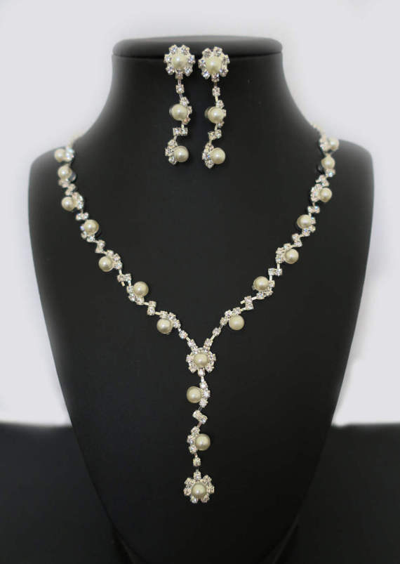 Wedding - Bridal Jewelry Set Wedding Jewelry Sets for Brides Bridal Necklace and Earrings Bridesmaid Jewelry Set Statement Pearl Rhinestone Y Dainty