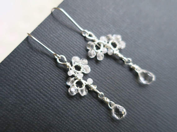Hochzeit - Rock Crystal Earrings Bridesmaid Earrings Set of 3 Bridal Crystal Teardrop Earrings Wedding Jewelry Delicate Earrings Sterling Silver Sukran